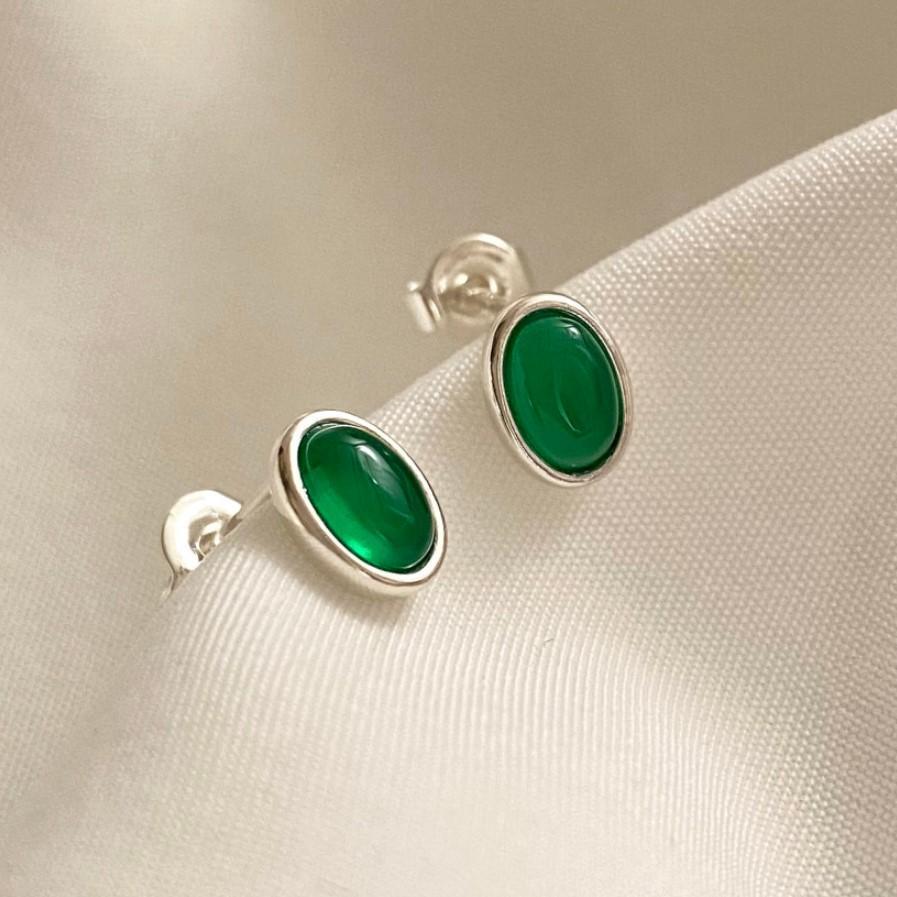 Boucles d'Oreilles en Agate Verte Ovale - Domaine d'Argent