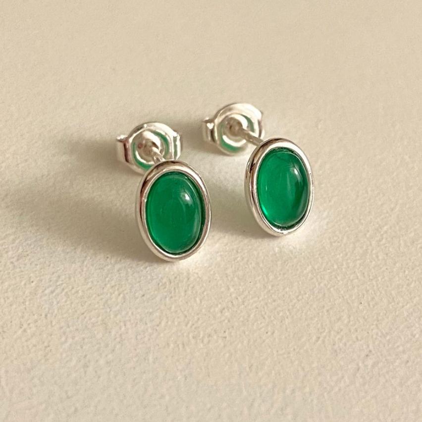 Boucles d'Oreilles en Agate Verte Ovale - Domaine d'Argent