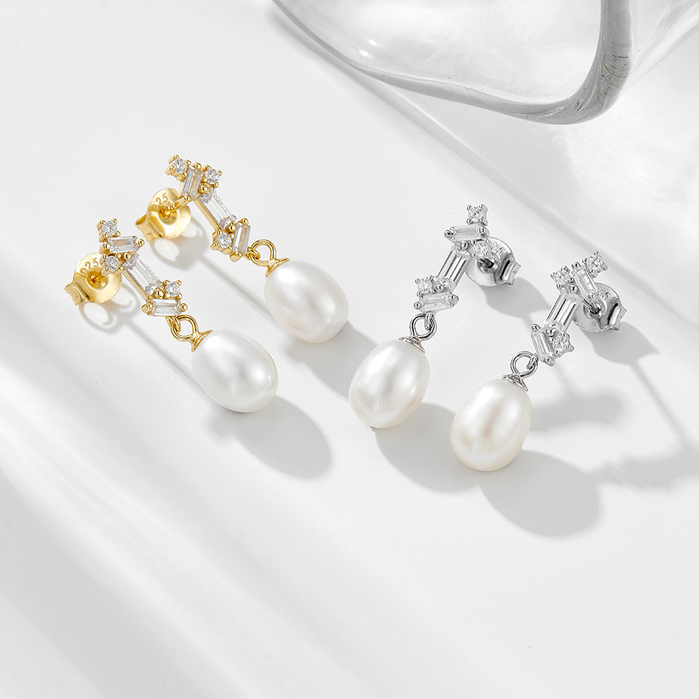 Boucles d'oreilles en Argent Ovale Perle Naturelle avec Zircon Baguette - Domaine d'Argent
