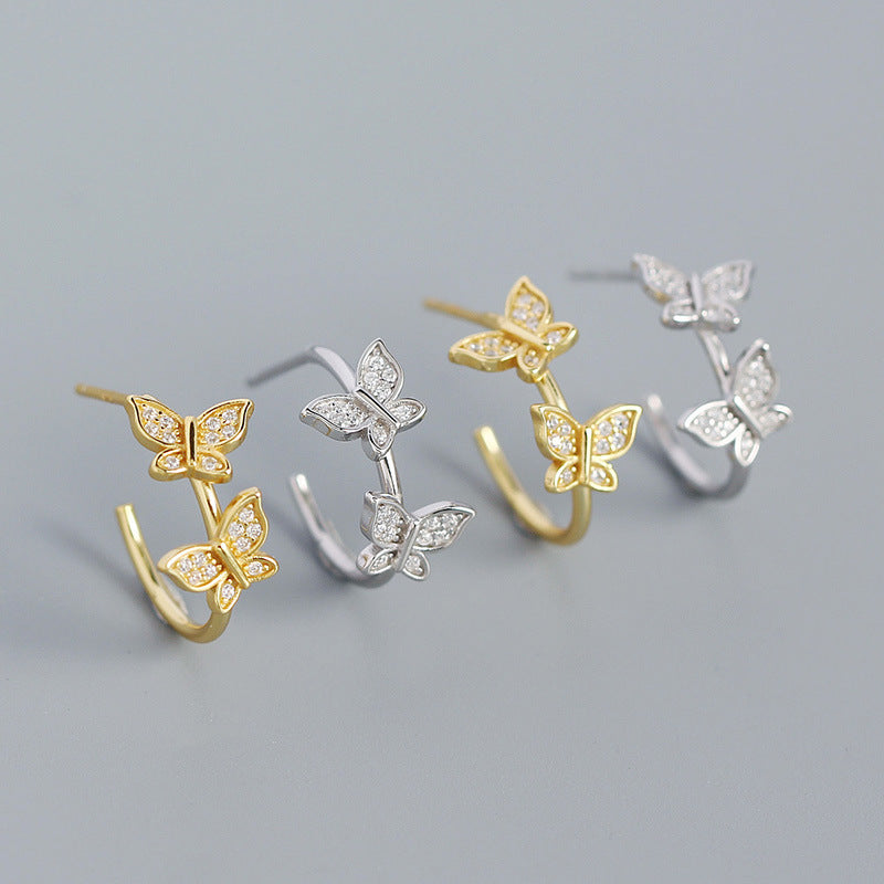 Boucles d'oreilles en Argent Deux Papillons avec Zircon - Domaine d'Argent